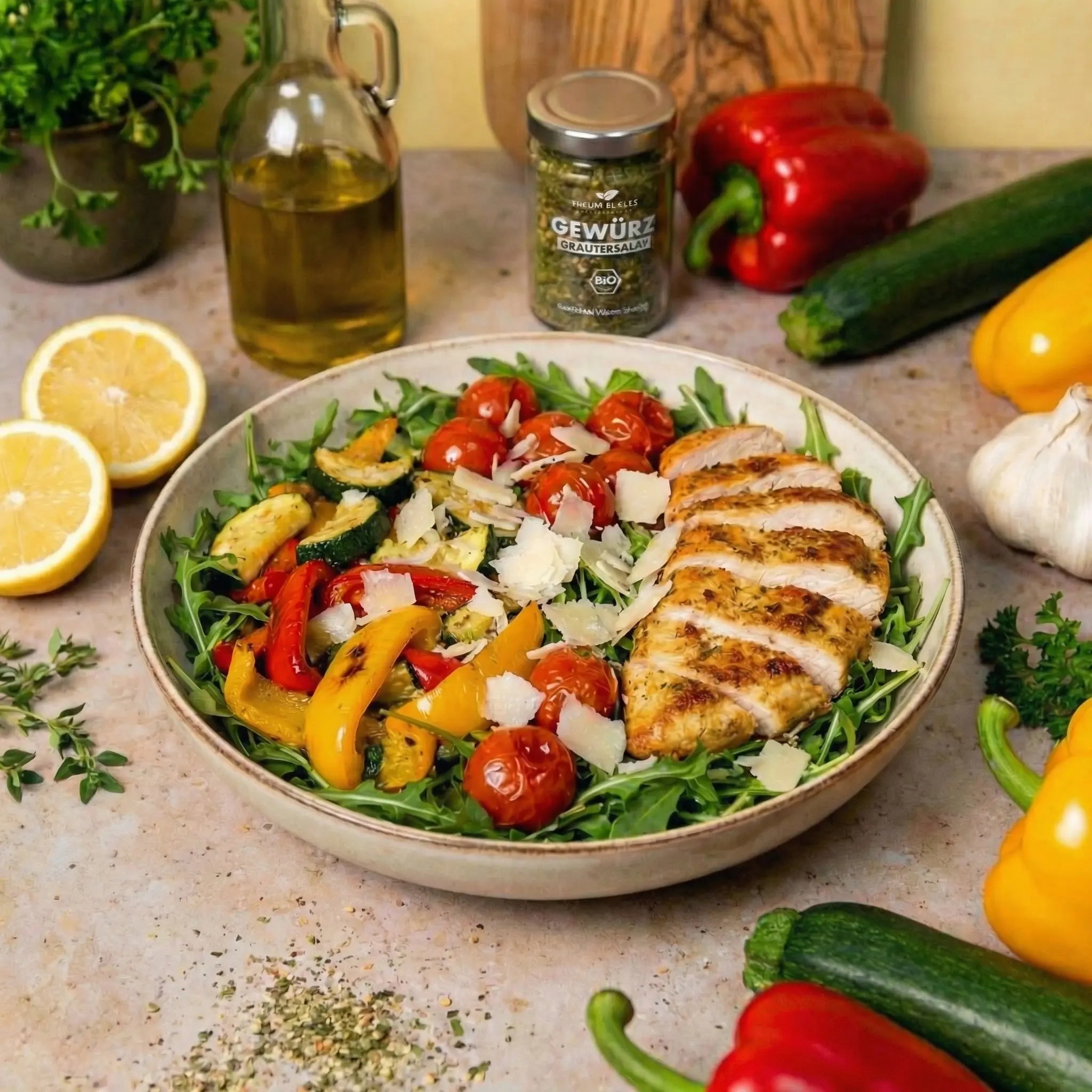 Zitroniger Kräuter-Hähnchensalat mit Ofengemüse
