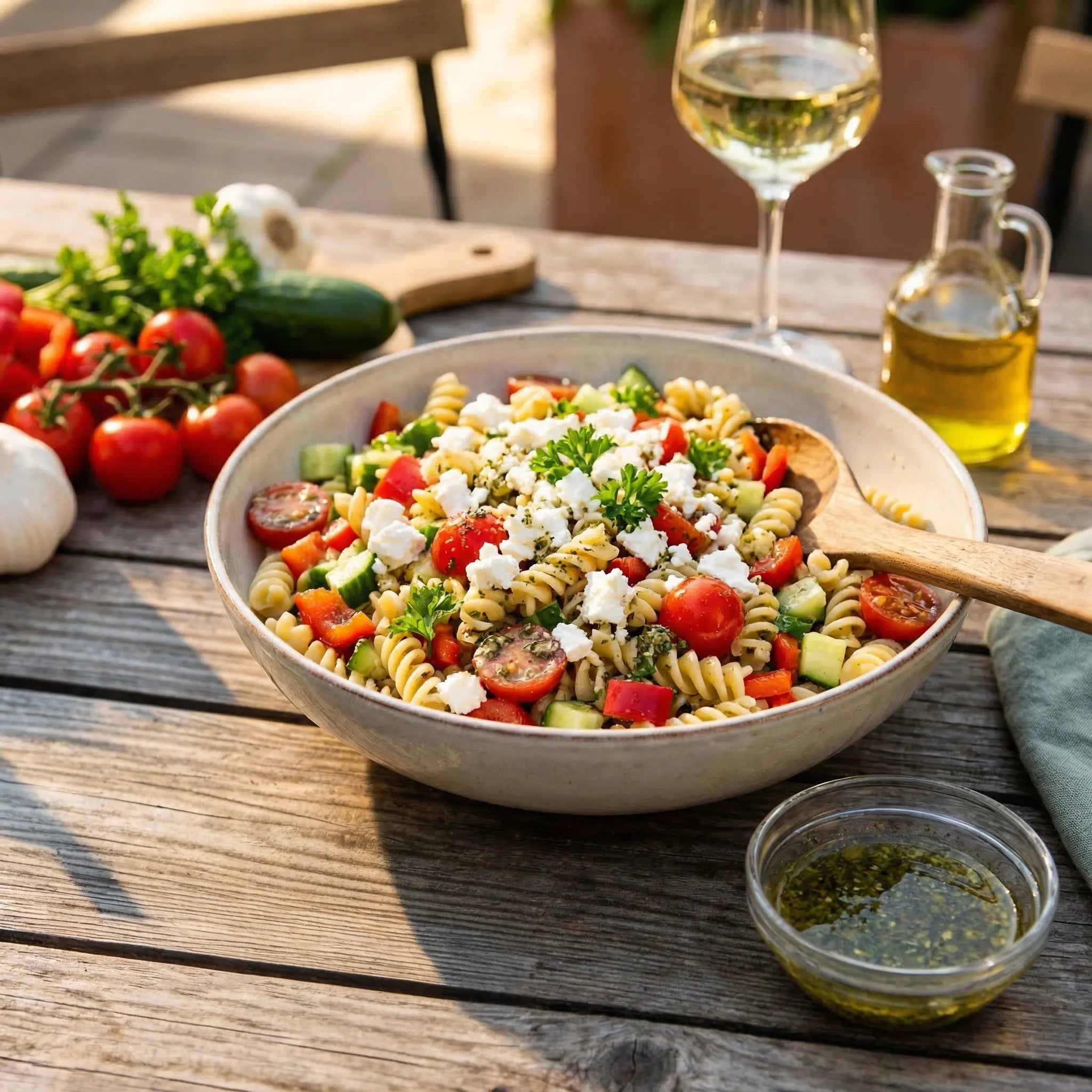 Mediterraner Nudel-Kräutersalat mit Feta