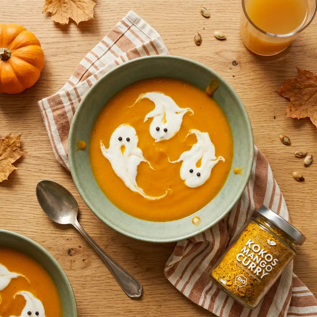Herbst im Teller: Kürbis-Mango-Suppe mit Sahnegeistern