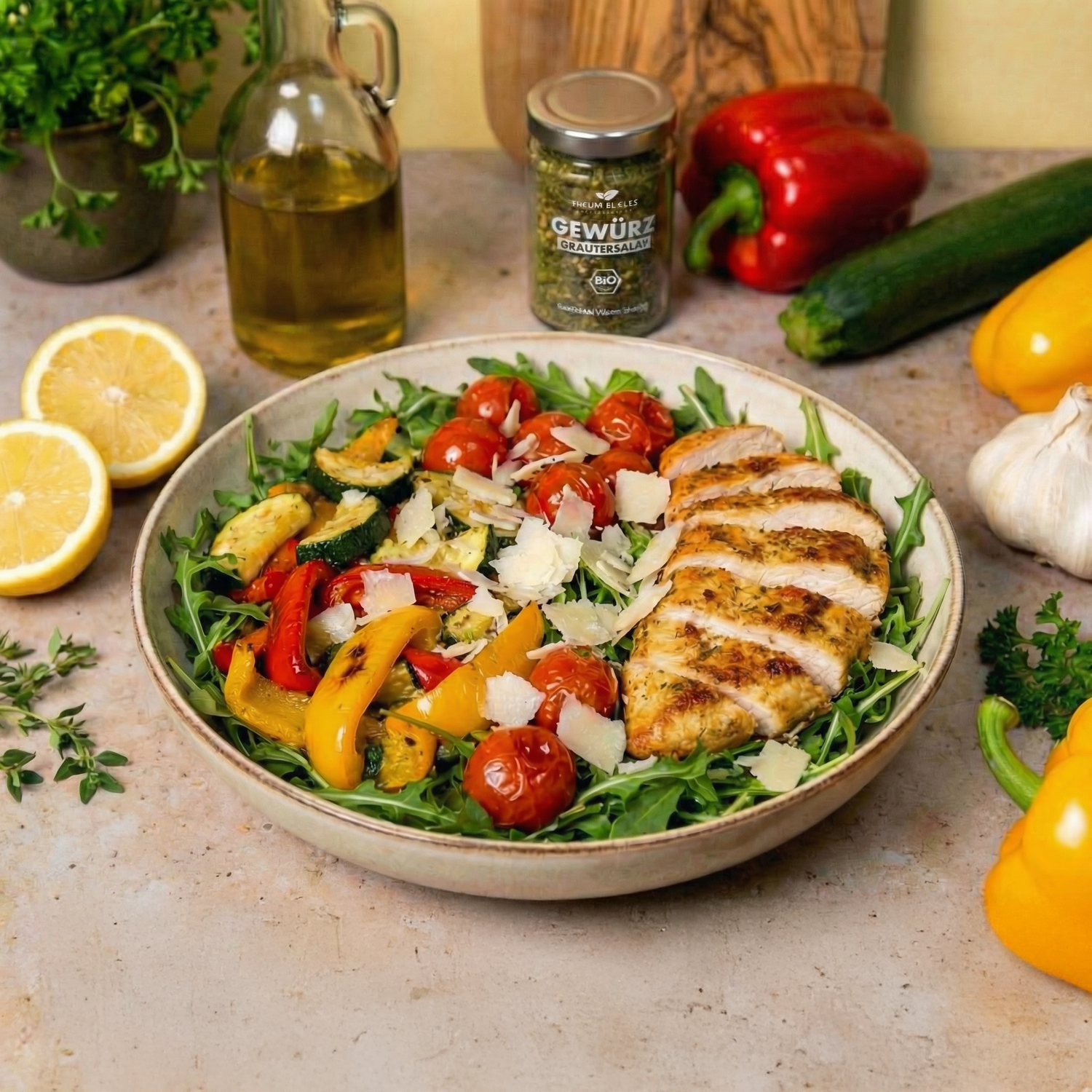 Salade de poulet aux herbes citronnées et légumes rôtis