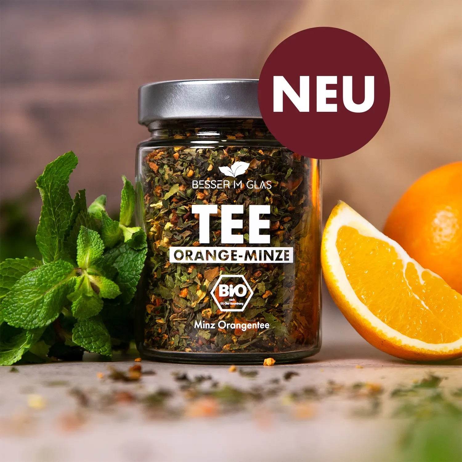 BioFrüchtetee OrangeMinze Besser im Glas Loser Minz Orangen Tee
