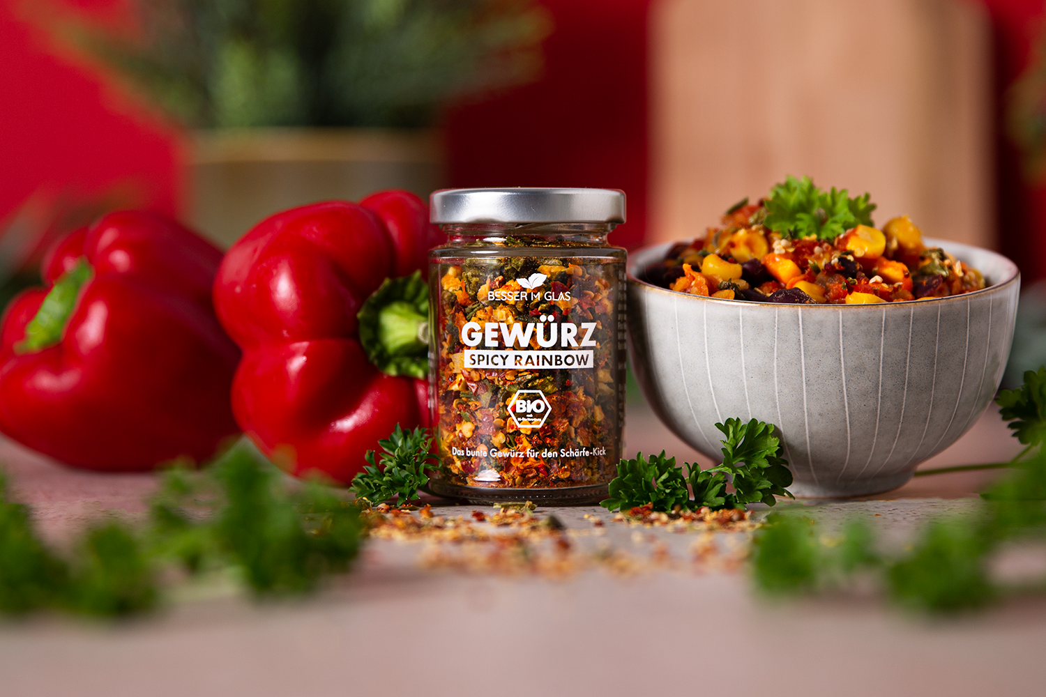 Spicy Rainbow Bio-Gewürzmischung von Besser im Glas. Buntes Gewürz für den Schärfe-Kick