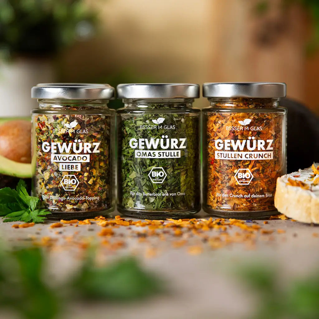 Set Stullen avec 3 mélanges d'épices bio de haute qualité avec 3 toppings d'épices à pain de Besser im glas