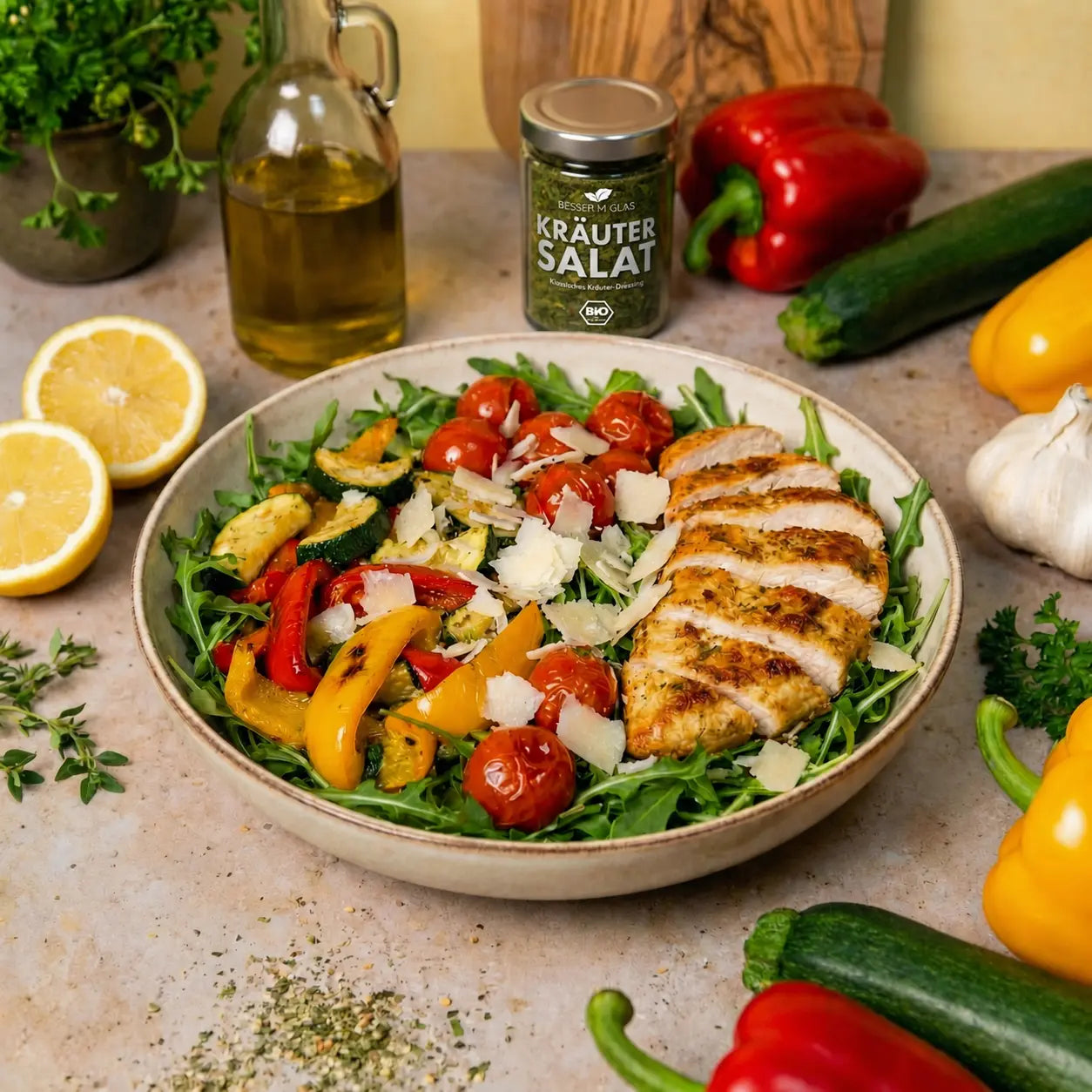 Salade de poulet aux herbes citronnées et légumes rôtis