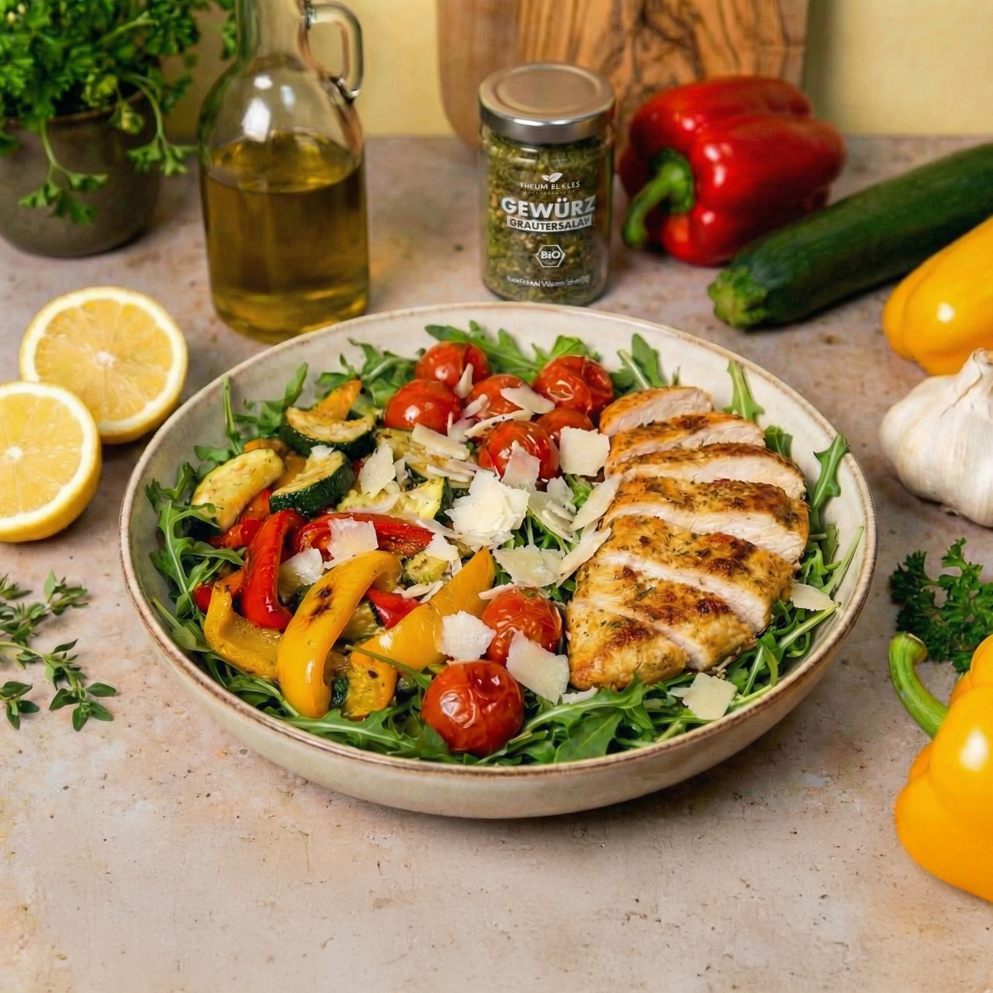 Zitroniger Kräuter-Hähnchensalat mit Ofengemüse