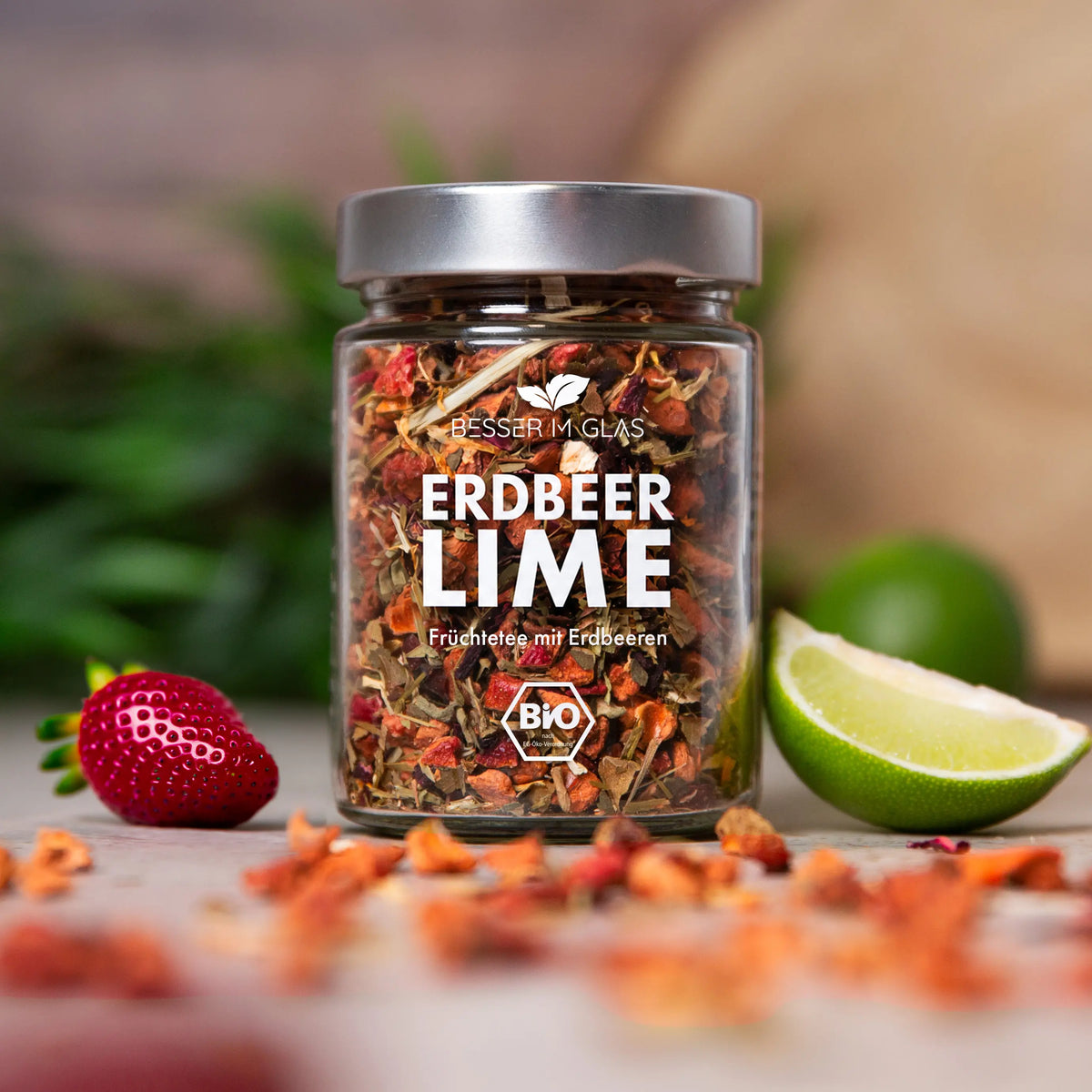 Bio-Früchtetee Erdbeer-Lime | Besser im Glas | Loser Erdbeer-Limetten Tee | 100% natürliche Zutaten | Geschenkidee
